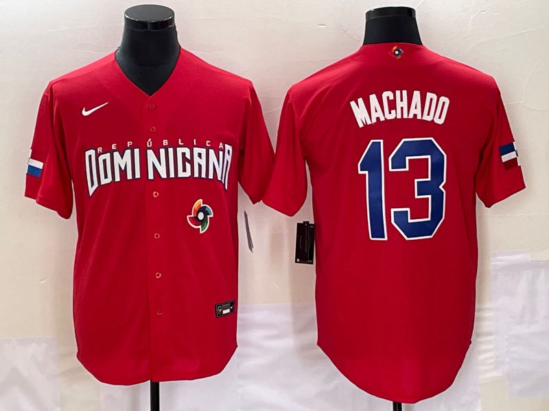 Men 2023 World Cub Dominicana 13 Machado Red Nike MLB Jersey8